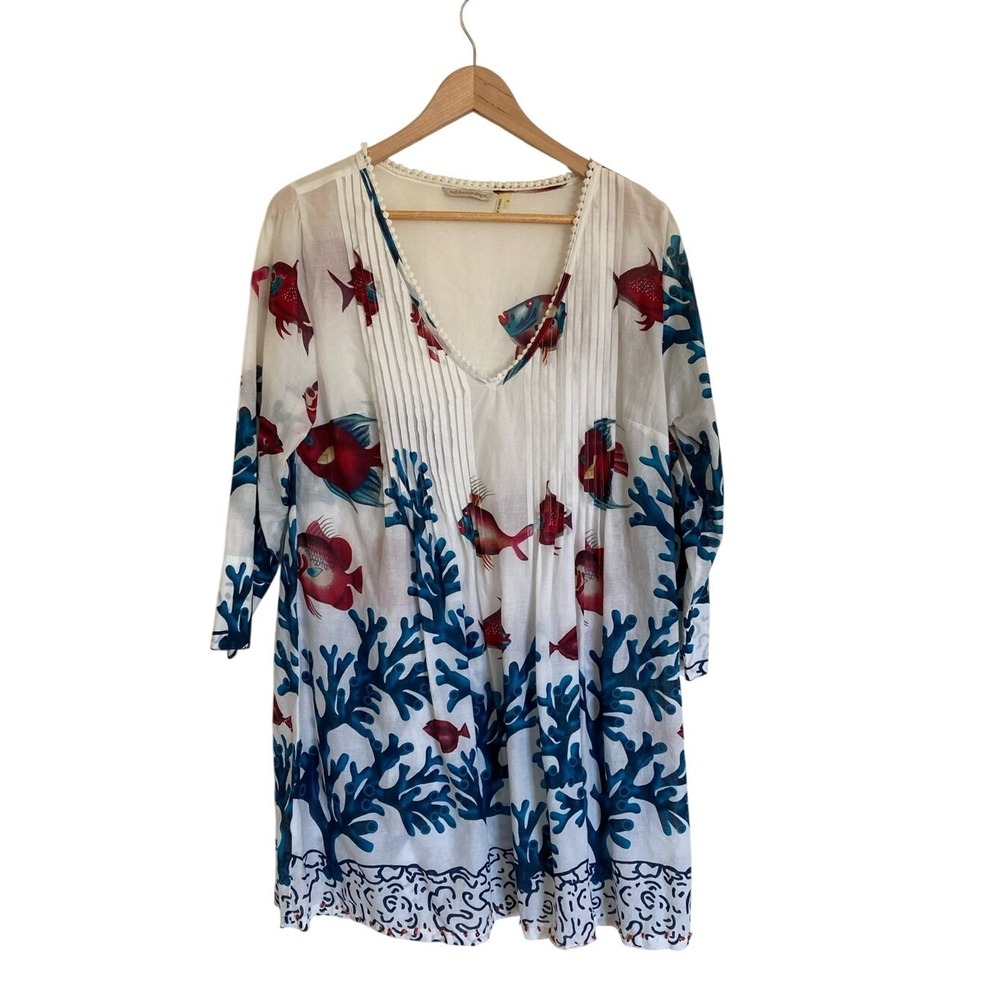 Soft Surroundings Seychelles Tunic Cover Up White Navy Size Fish Beach‎ Pool